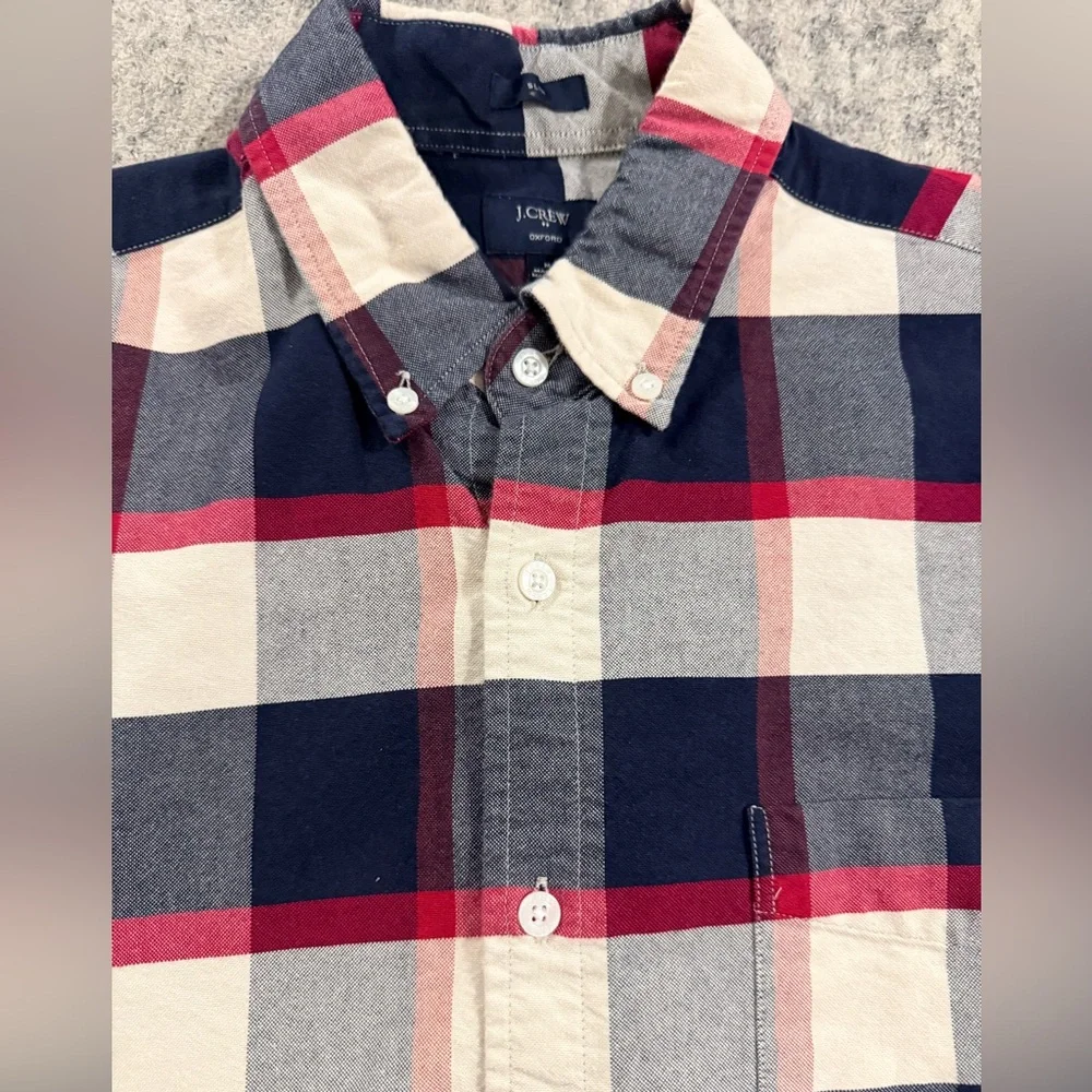 J. Crew Men's Oxford Shirt Red White Navy Plaid LS Button‎ Down Collar Sz slim M